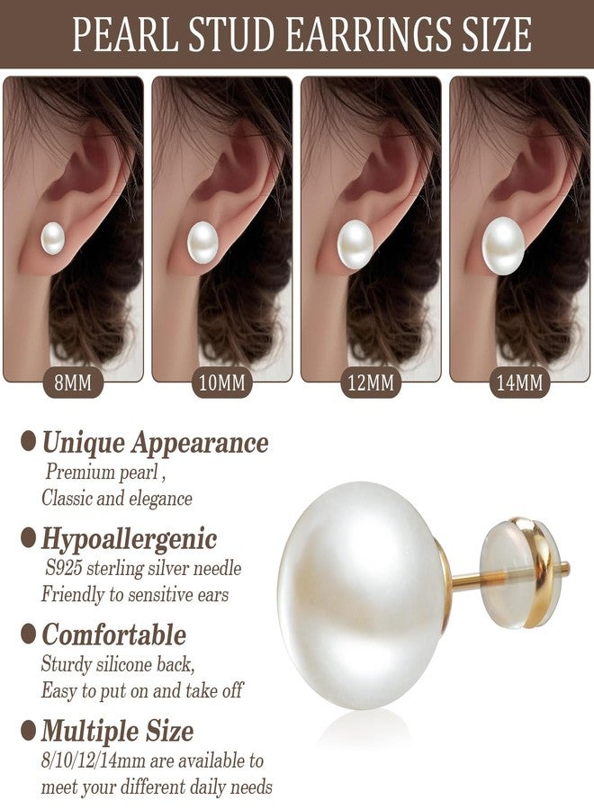 Sanglarst 4 Pairs Pearl Stud Earrings 14K Plated Gold Sterling Silver Post Hypoallergenic Earring stud Round Large size Simulated pearl 8mm-14mm Set Earrings for women - Image 3